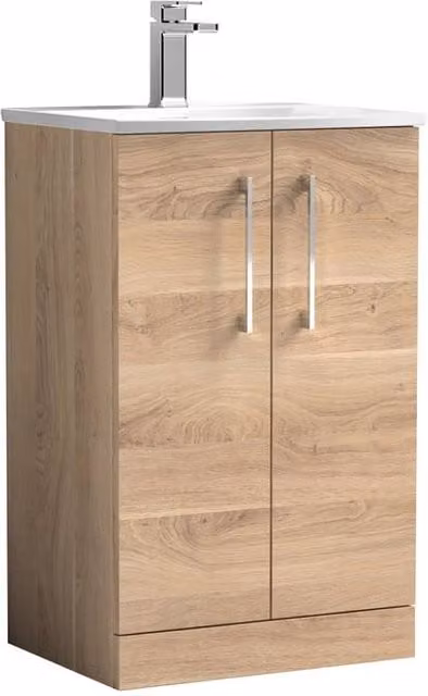 Balterley Modern 2-Door Freestanding Bathroom Floor Standing Vanity and Basin in Bleached Oak Brown, W: 50 cm, D: 83 cm, H: 50 cm – 1