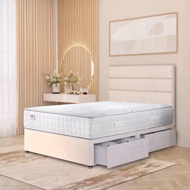 Horizona Modern Upholstered Plush Divan Bed Set with Fabric Headboard and Drawers, Beige, W/D/H: 140 x 200 cm