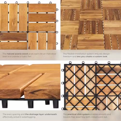 tectake 40-Piece Brown Acacia Wood Decking Tile Set with Interlocking Click System – 4