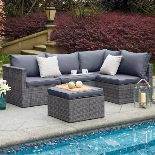 Bravich 6 Seater Grey Polyrattan L Shape Garden Furniture Set with Ottoman and Cushions – 3