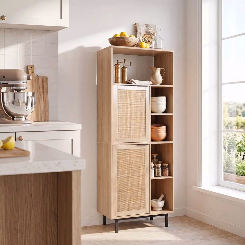 FORGEVIO Boho Rattan Kitchen Base Unit in Sand with Hinged Doors and Internal Shelves – 4