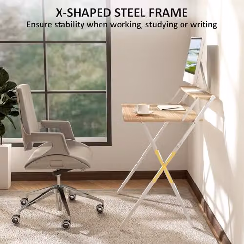 HOMCOM Folding Computer Desk with Monitor Shelf in Natural Wood Finish and White – 4