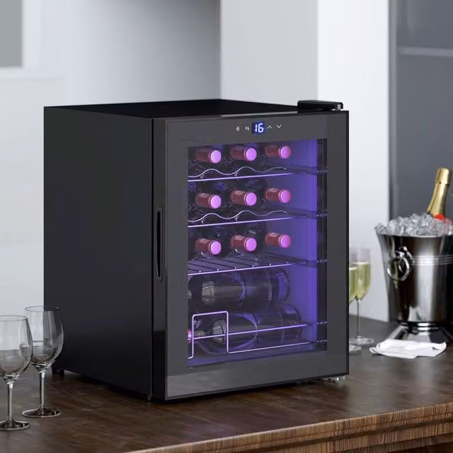HOMCOM 16 Bottle Wine Cooler with Adjustable Temperature Control and LED Interior Light, Black – 1