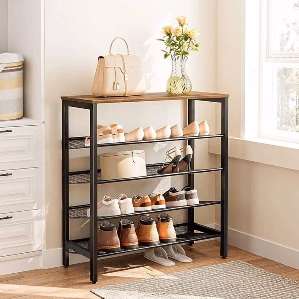 VOGREX 5 Tier Industrial Metal and Wood Shoe Rack with Adjustable Shelves in Black and Multicolour – 5