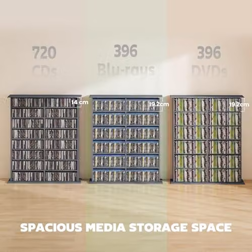 HOMCOM Grey Media Storage Unit with Adjustable Shelves for CDs and DVDs – 4