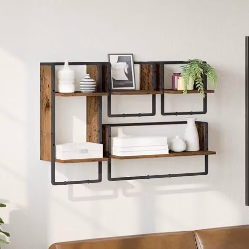 vidaXL Set of 4 Wall-Mounted Shelves in Old Wood and Metal, Brown, W: 65 cm, D: 25 cm, H: 30 cm – 2