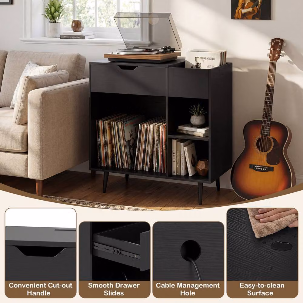Gymax Industrial Turntable Record Player Stand and Vinyl Cabinet with Built-In Power Strip in Black – 5