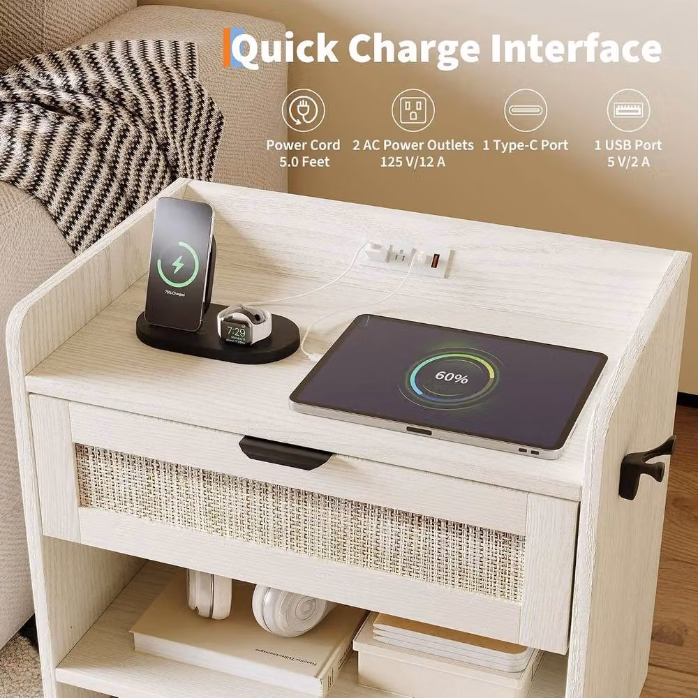 London Boutique White Rattan Boho Bedside Cabinet with Charging Station and Hook – 2