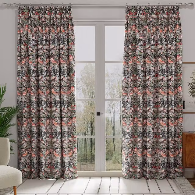 William Morris Strawberry Thief Made to Measure Blackout Eyelet Curtains in Blue and Multicolour Cotton Floral Fabric