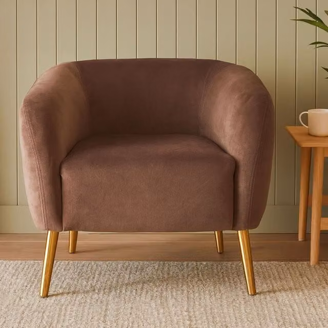 Orsina Mid Century Grey Velvet Round Tub Armchair with Gold Metal Legs – 1