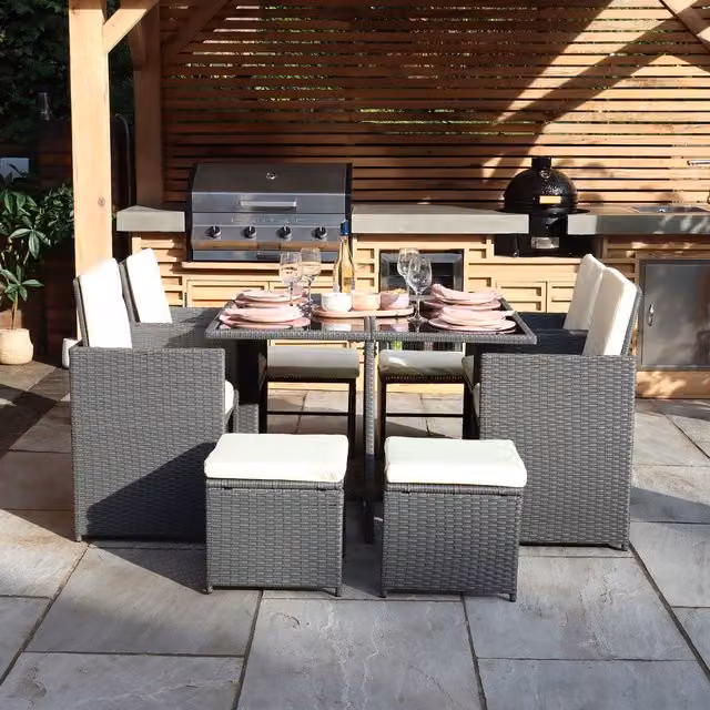 Royalcraft Cannes Cube 8-Piece Grey Rattan and Steel Dining Set