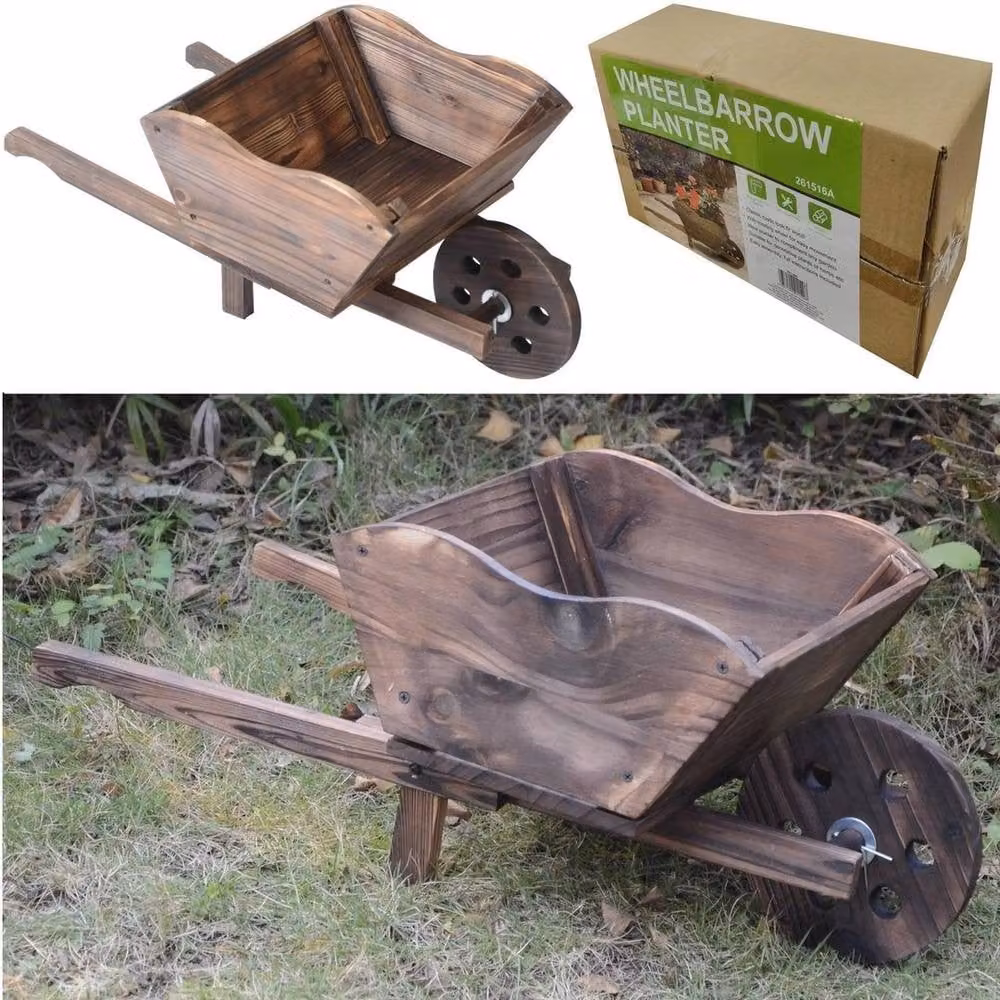 EONLION Brown Wooden Wheel Barrow Planter for Ornamental Garden Use W/D/H: 38 x 21 x 14 cm – 2