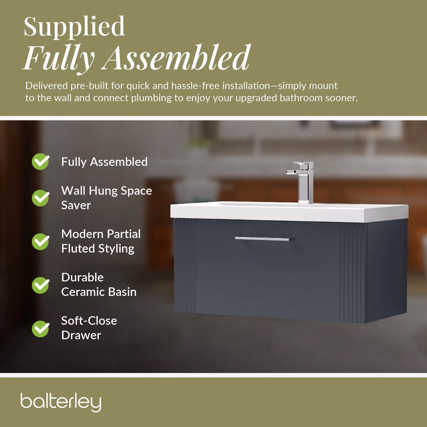Balterley Wall Hung 1 Drawer Vanity Unit with Mid-Edge Basin, Satin Dark Grey, Width: 80 cm – 4