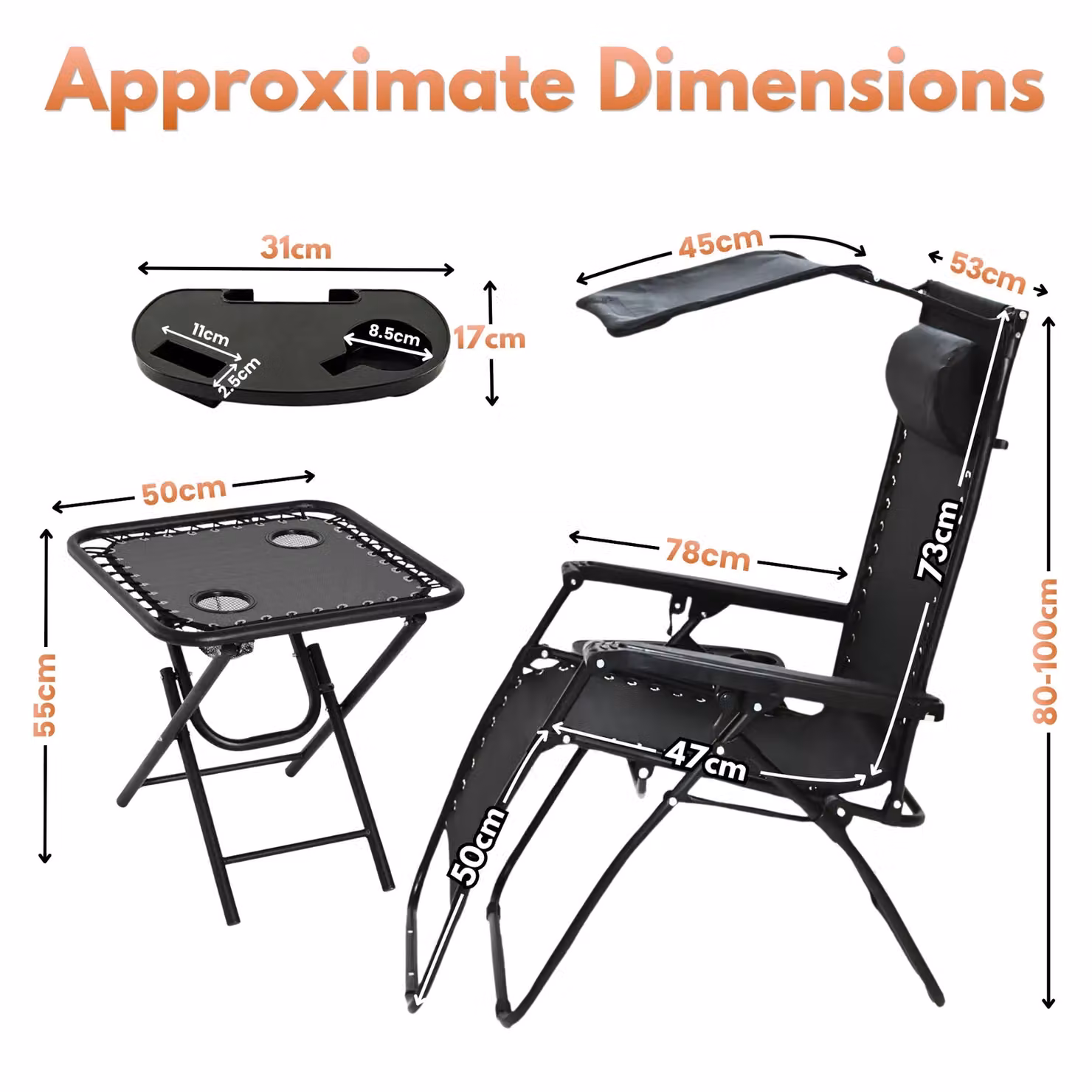 Marco Paul 3 Piece Zero Gravity Sun Lounger Set with Canopy Shade and Side Table in Black – 2