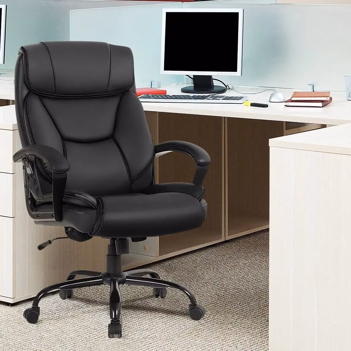 Costway Executive Office Chair with 6-Point Massage, 360 Degree Swivel and Headrest in Black Synthetic Leather – 4
