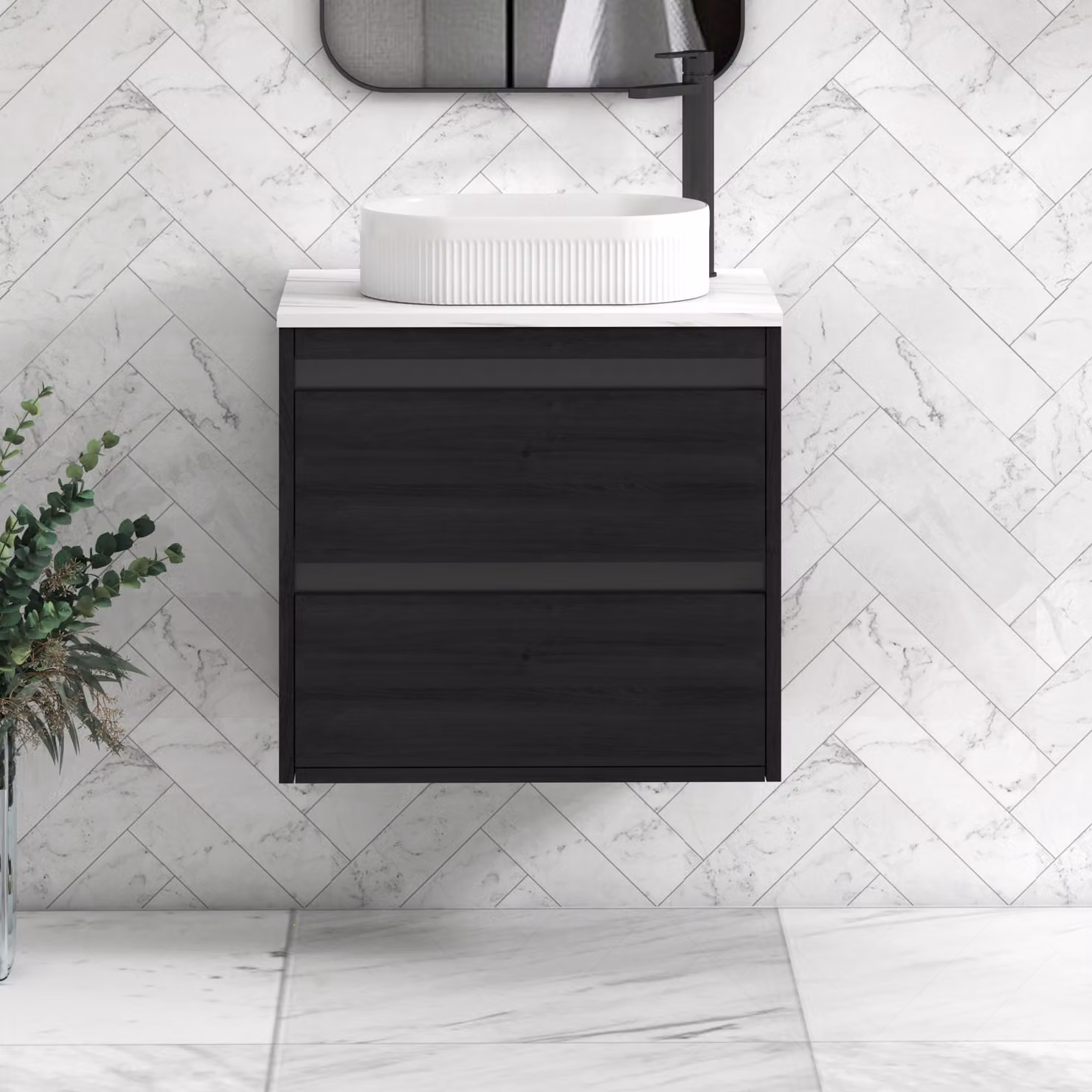 Royal Bathrooms Orion 600mm Hale Wall Hung Vanity Unit with Lyon Basin, Black and Carrara White