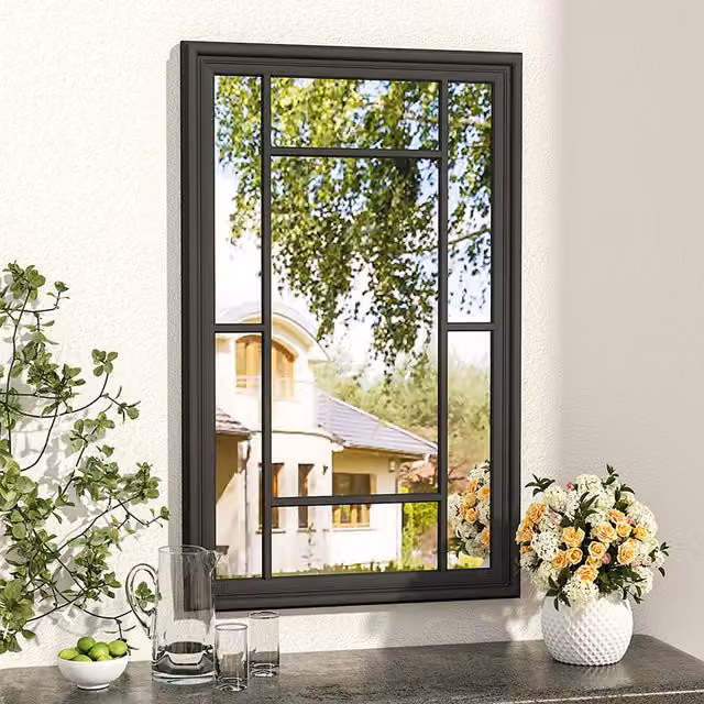 Livingandhome Vintage Rectangular Window Pane Wall Mirror with Black Wooden Frame, Width: 75 cm