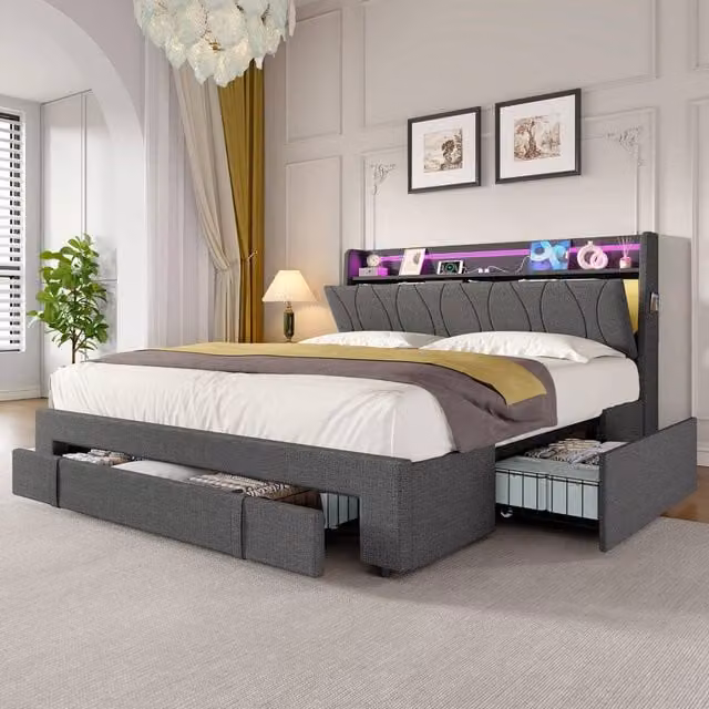 BTM Grey 4ft6 Double Upholstered Bed with Storage Drawers, LED Headboard and USB Charging Port, W/D/H: 140 x 190 x 142 cm – 1