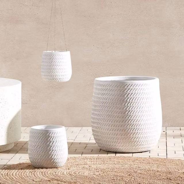 Wyld and Coco White Embossed Fibre Clay Round Plant Pot, Diameter: 39 cm