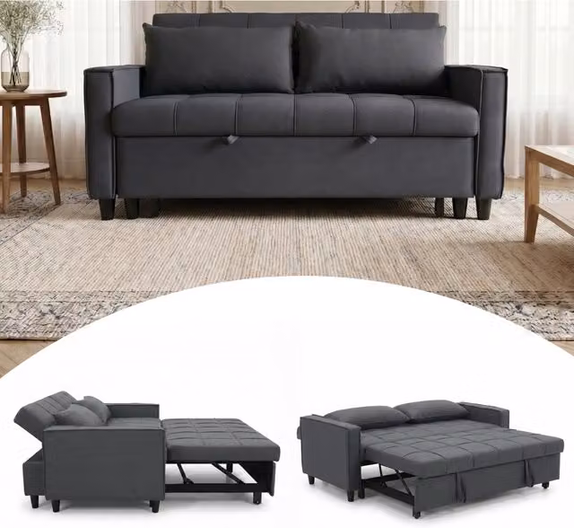 Furniture One 2 Seater Grey Velvet Fabric 3-in-1 Pull Out Recliner Sofa Bed with Solid Wood Frame and Scatter Cushions