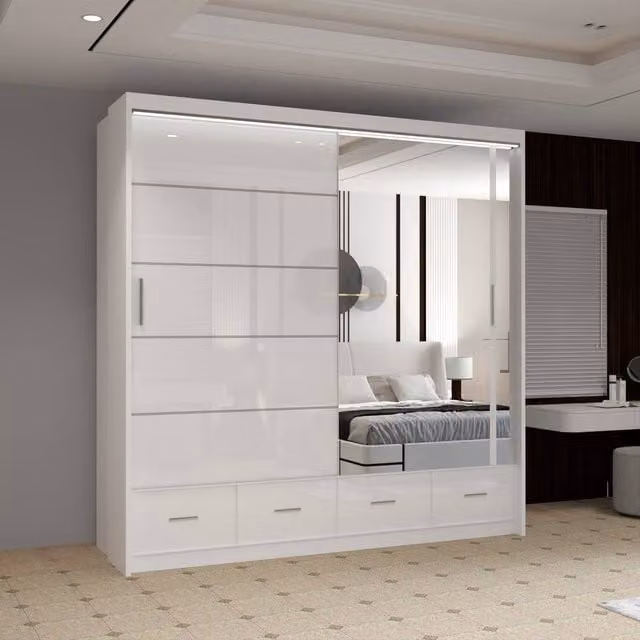 Sliding Wardrobes 4U Luxury High Gloss White Sliding Wardrobe with Integrated LED Lighting, W203cm x H220cm