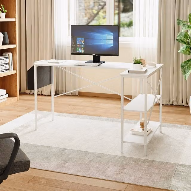 Livingandhome Modern White L-Shaped Corner Office Desk with X-Frame Design