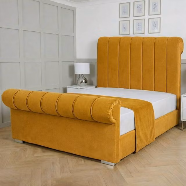 Living Comfort Bedz Orion Upholstered Velvet Gas Lift Storage Bed in Yellow, W/D/H: 140 x 200 cm