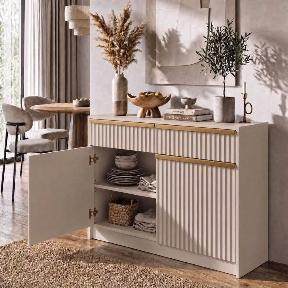 KORVIXA Modern Beige 2 Door 2 Drawer Sideboard with Gold Handles, W/D/H: 100 x 100 x 100 cm – 3