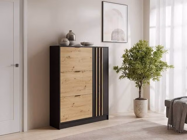Vente-unique Modern Shoe Cabinet in Black and Natural with 1 Door and 3 Tilting Compartments – 1
