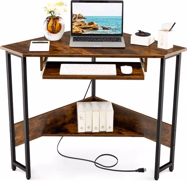 COSTWAY Brown Triangle Corner Laptop Workstation for Home Office