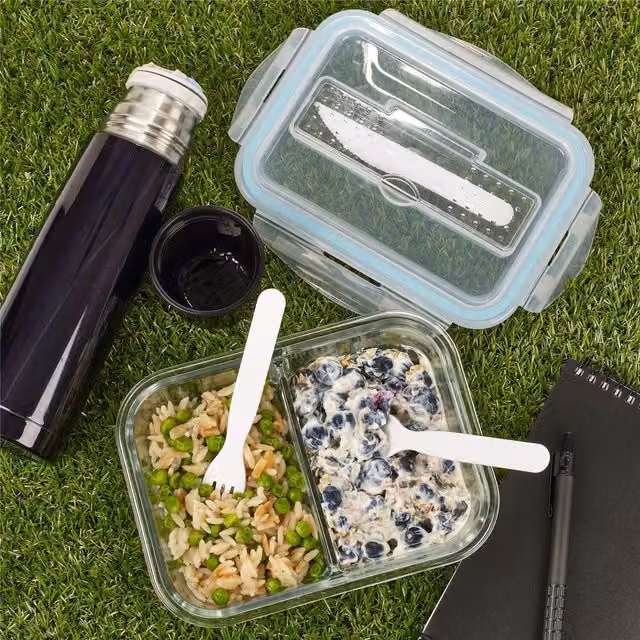 Homiu 2 Compartment Leakproof Glass Food Container with Snap Lid and Cutlery, White
