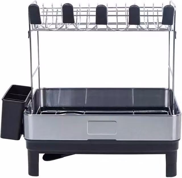 VOGREX 2-Tier Stainless Steel Dish Drying Rack with Drip Tray and Utensil Holder in Silver