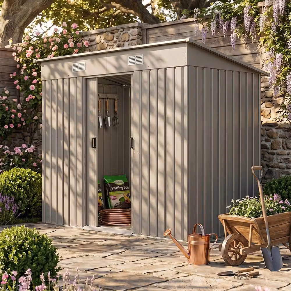 Living and Home Grey Metal Pent Storage Tool Shed with Sliding Doors for Garden and Terrace – 2