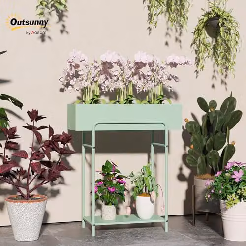 Outsunny 2 Tier Metal Plant Stand with Drain Holes, Green, W/D/H: 70 x 26 x 26 cm – 2