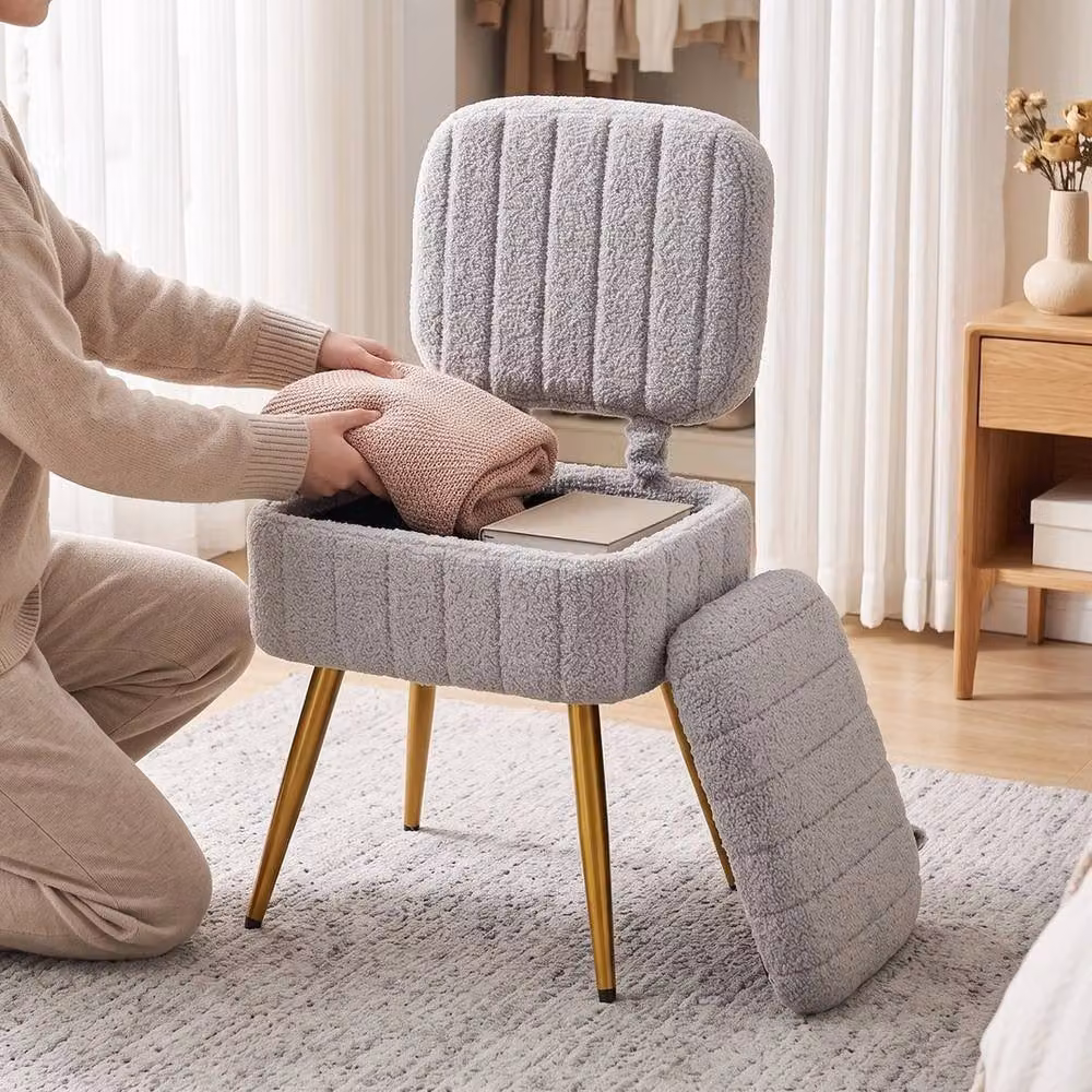 FORGEVIO Grey Bouclé Fabric Vanity Stool and Storage Ottoman with Metal Frame – 2