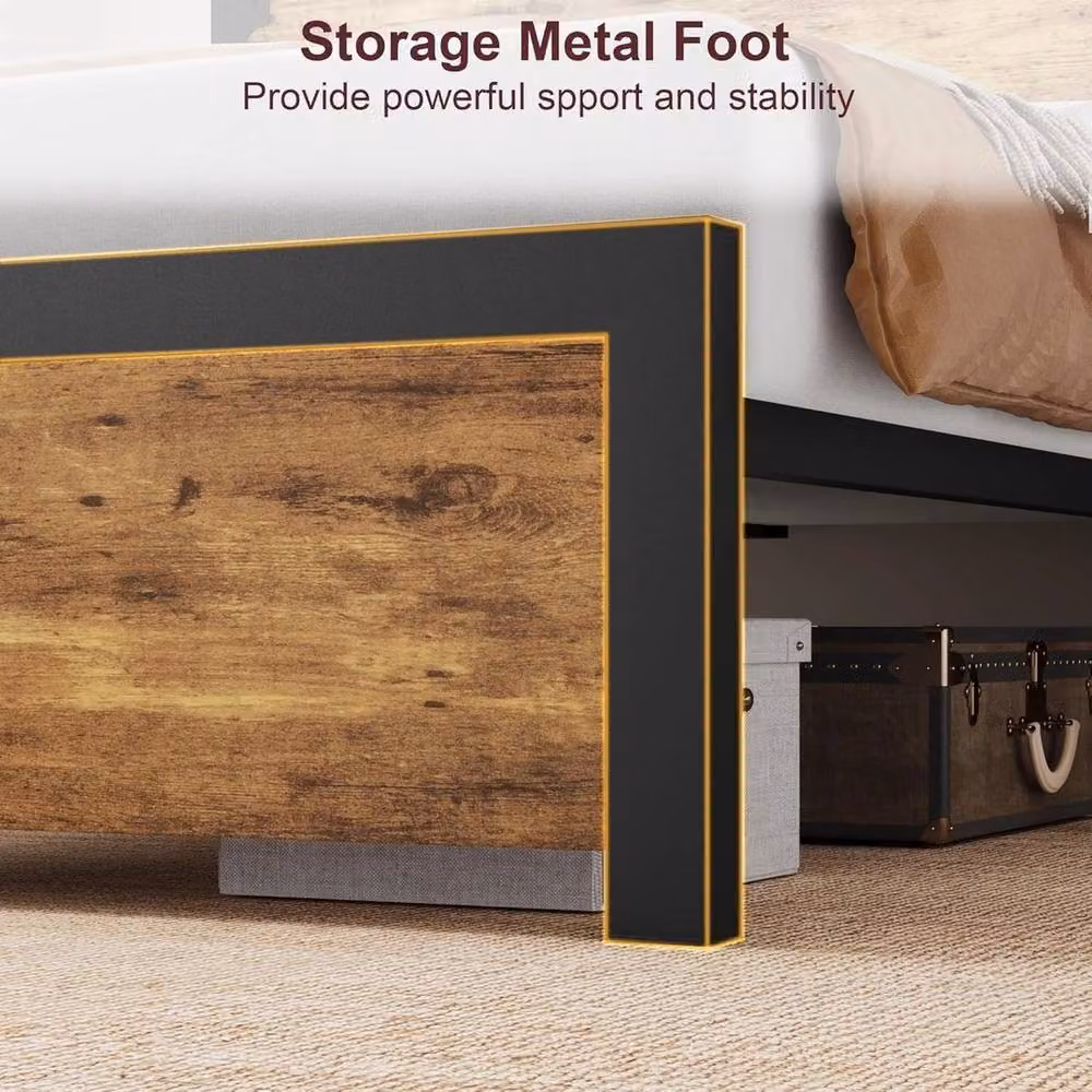 VOGREX Brown Wood Bed Frame with Headboard, Platform and Under-Bed Storage Drawers – 3