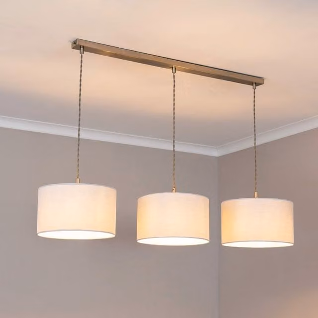 Reni Brushed Chrome 3 Drop Bar Ceiling Pendant Light with White Fabric Shades and LED Bulbs