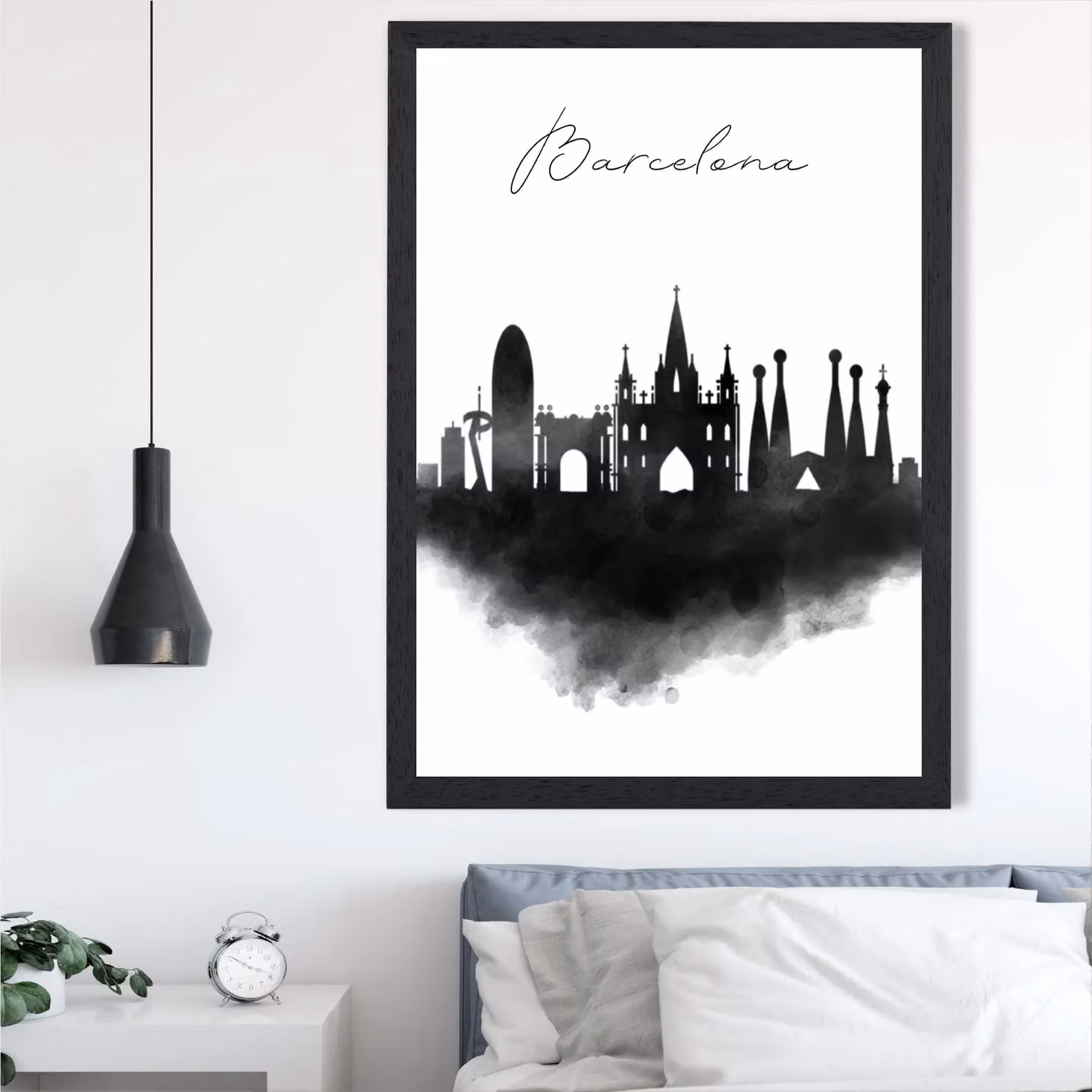 ARTZE Barcelona Watercolour Skyline City Framed Print in Black – 2