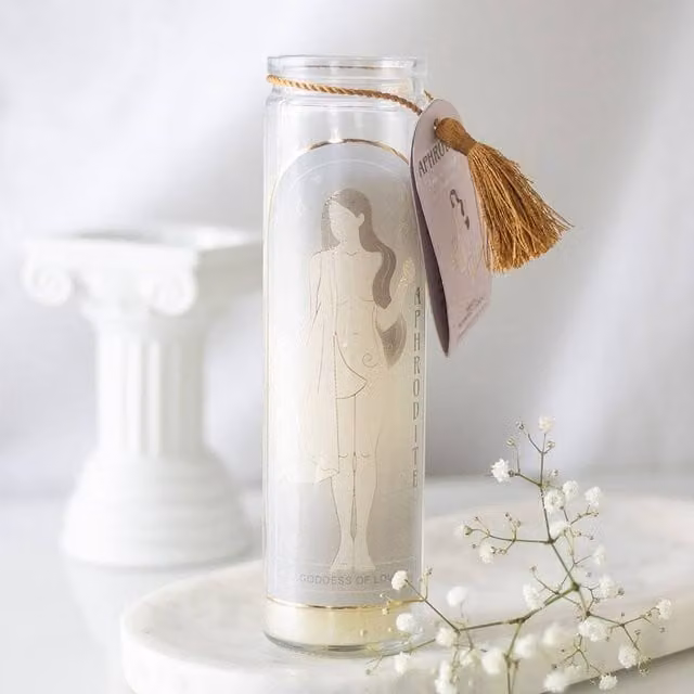 Uniqueful Aphrodite Goddess Tube Candle with Rose Quartz Crystals in Clear Glass, White