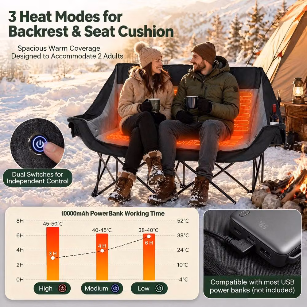 Costway Heated Double Camping Chair Oversized Padded Loveseat in Black – 8