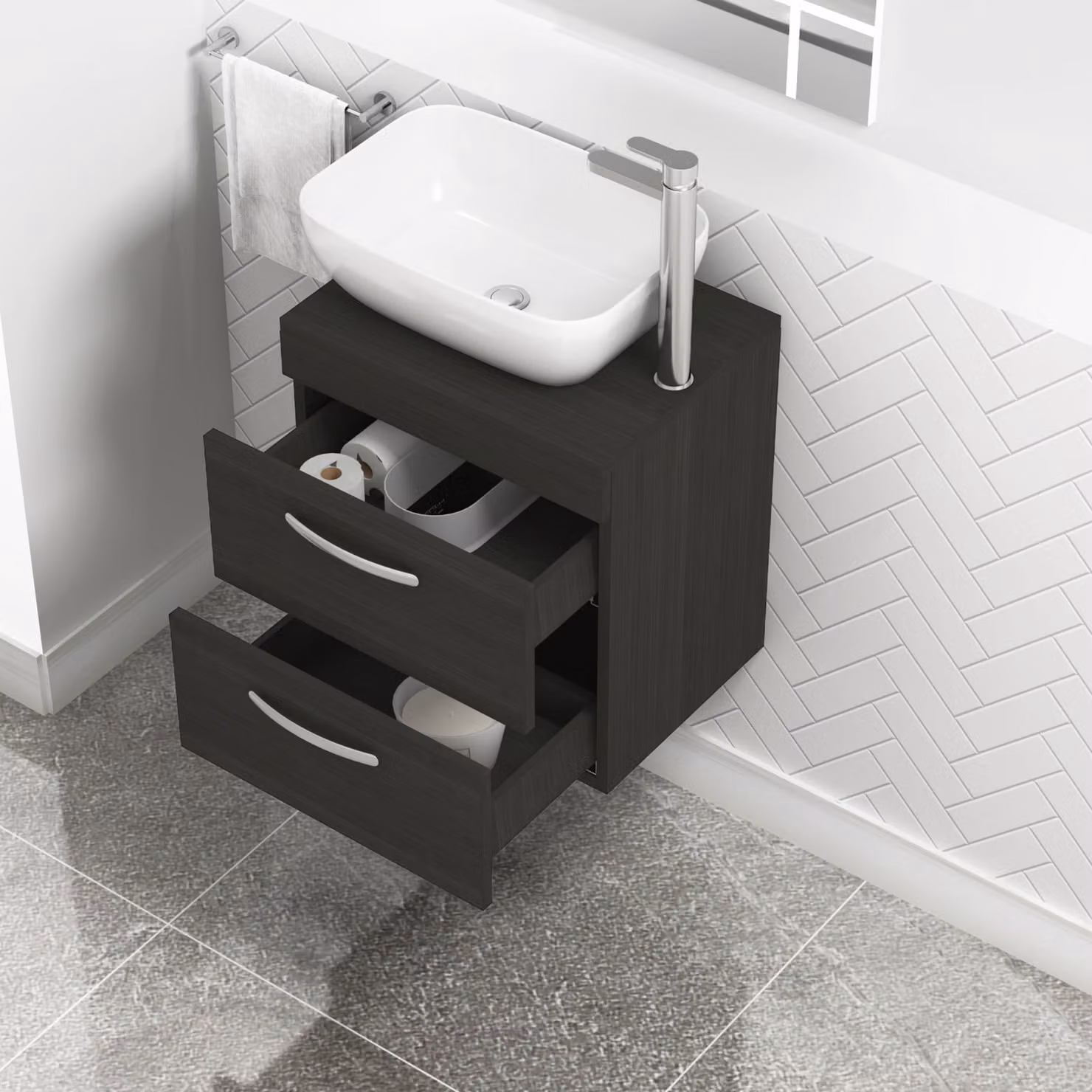 Royal Bathrooms Charcoal Oak 500mm Wall Mounted Bathroom Vanity Unit with 2 Drawers and Elva Countertop Sink