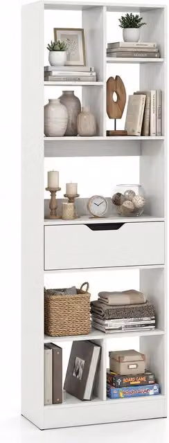 Costway Tall Freestanding Bookshelf with Drawer and Open Cubes in Brown and White