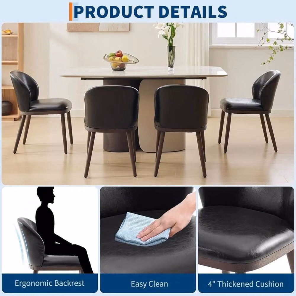 VOGREX Set of 2 Black Synthetic Leather Upholstered Dining Chairs with Ergonomic Back and Wood Legs – 5