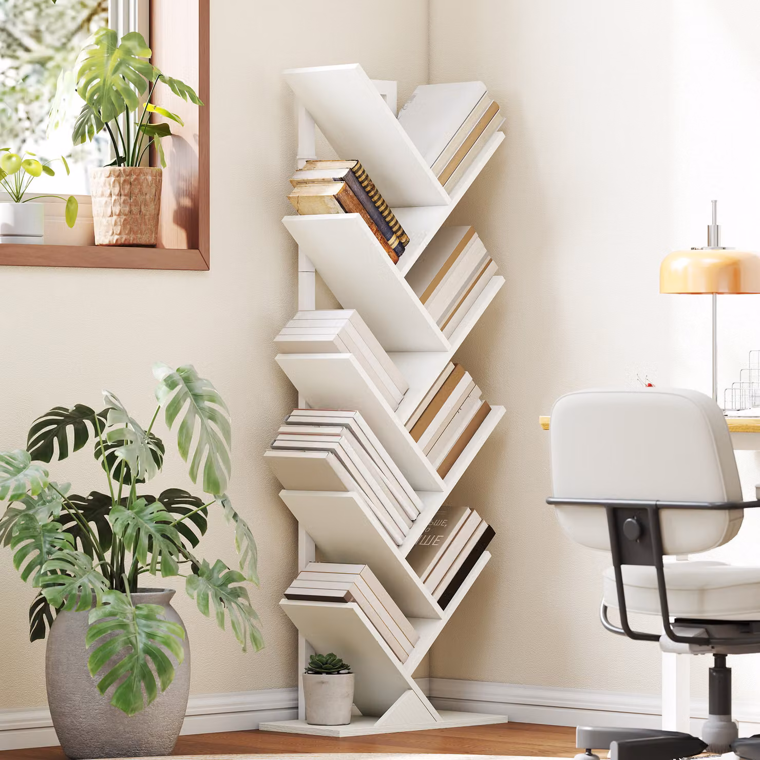 HOMCOM 9-Tier Industrial Tree Bookshelf, White Freestanding Ladder Bookcase with Steel Frame – 2
