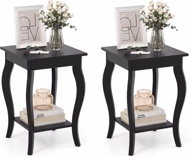 Gymax Set of 2 Black 2-Tier Modern Accent End Tables with Curved Legs – 1