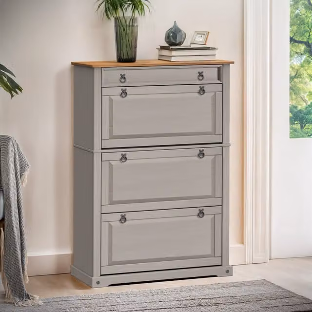 Mercers Furniture Corona Rustic Grey Waxed Pine Shoe Rack Chest with Tilting Compartments and Drawer, H 138 x W 99 x D 32 cm