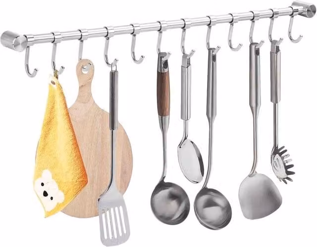 Kitchen Craft Silver 12 Hook Stainless Steel Wall Mounted Kitchen Hanging Rail – 1