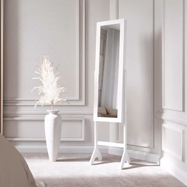 CARME Modern Freestanding Jewellery Mirror Cabinet with Internal Shelves and Hanging Rod in White or Black