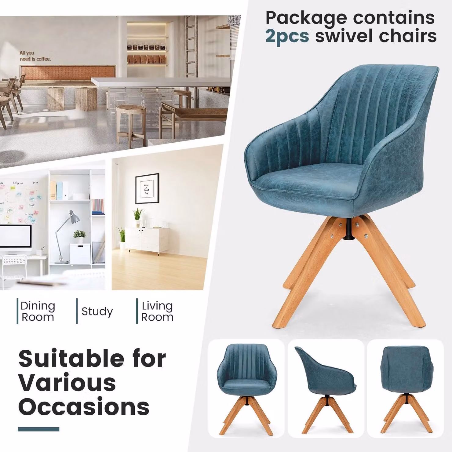 Costway Set of 2 Blue Ergonomic Swivel Accent Armchairs with Armrests – 4