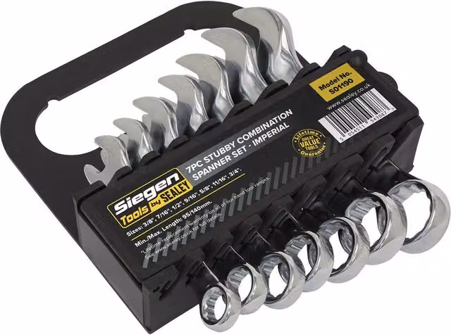 Loops 7pc Stubby Short Handled Combination Spanner Set in Silver Chrome Vanadium Steel with 12 Point Imp Ring Open Head – 1